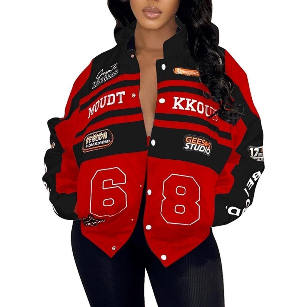 Women Varsity Jacket Motorcycle Racer Detachable Letter Graphic Jackets Red